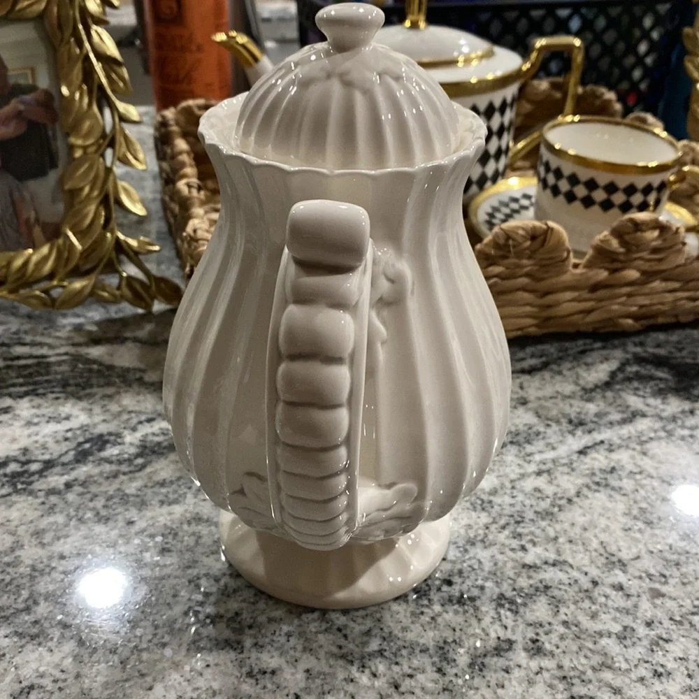 VTG. American Atelier “Athena” Creamy White Ironstone Ribbed Fluted Tea Pot!
